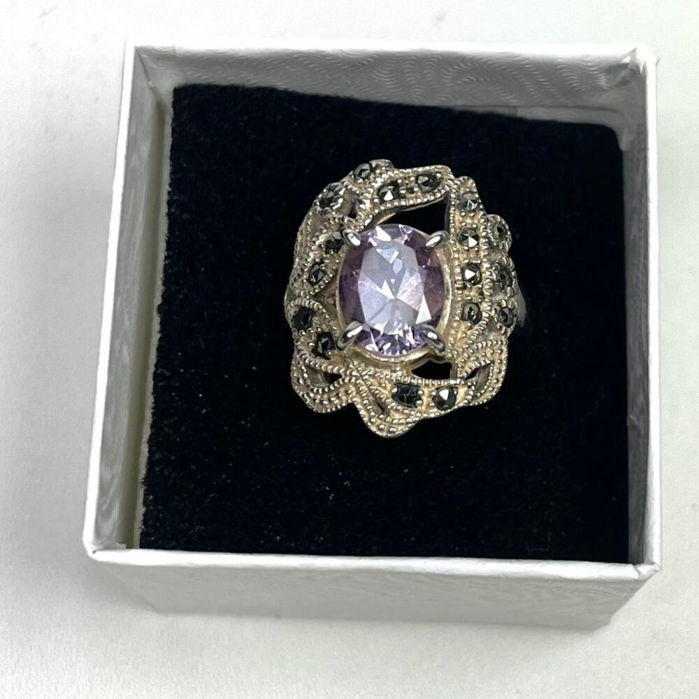 Vintage 925 Sterling Silver Amethyst & Marcasite Ring, Art Deco Style, Size 7.5
